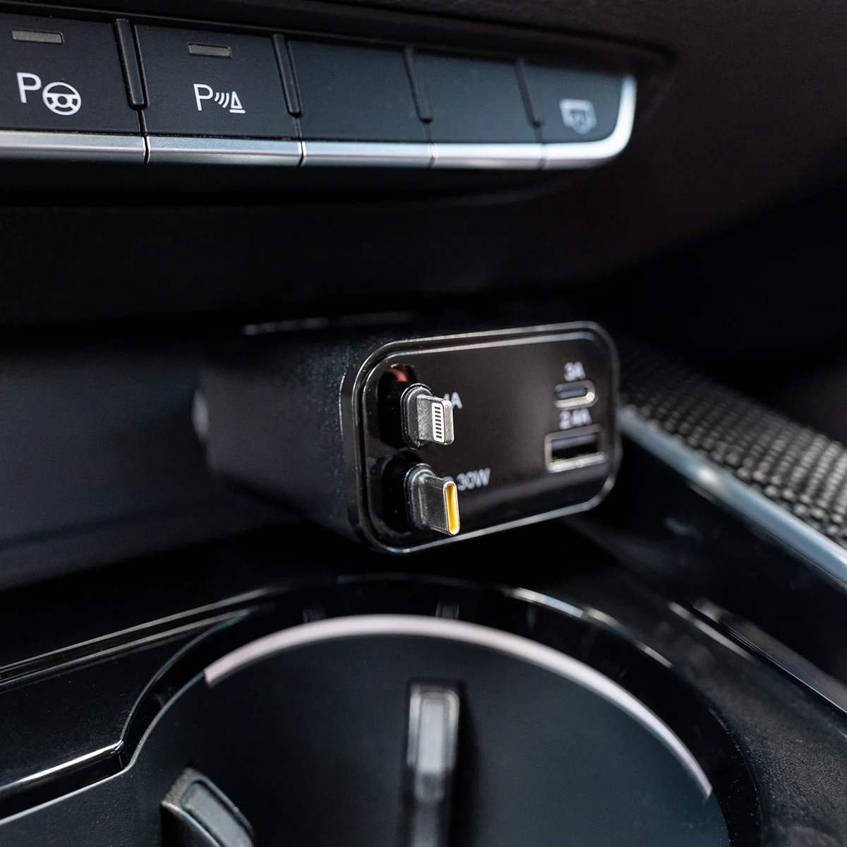 Multi-Port Car Charger – 30W with Retractable Cords